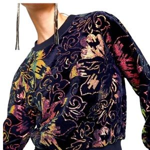 Zara Velvet Floral Sequin Gold Embroidered Sweatshirt Blue Sweater
